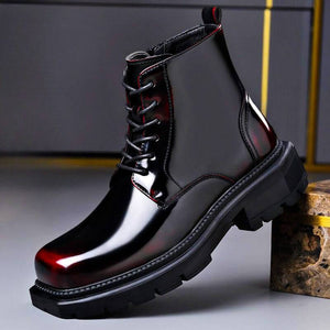 Karminrote Schnürboots für Herren mit Hochglanz-Finish und Profilsohle