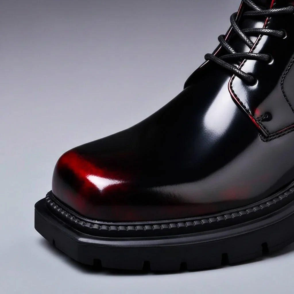 Kappe mit Farbverlauf von Schwarz zu Rot der karminroten Schnürboots, Detail