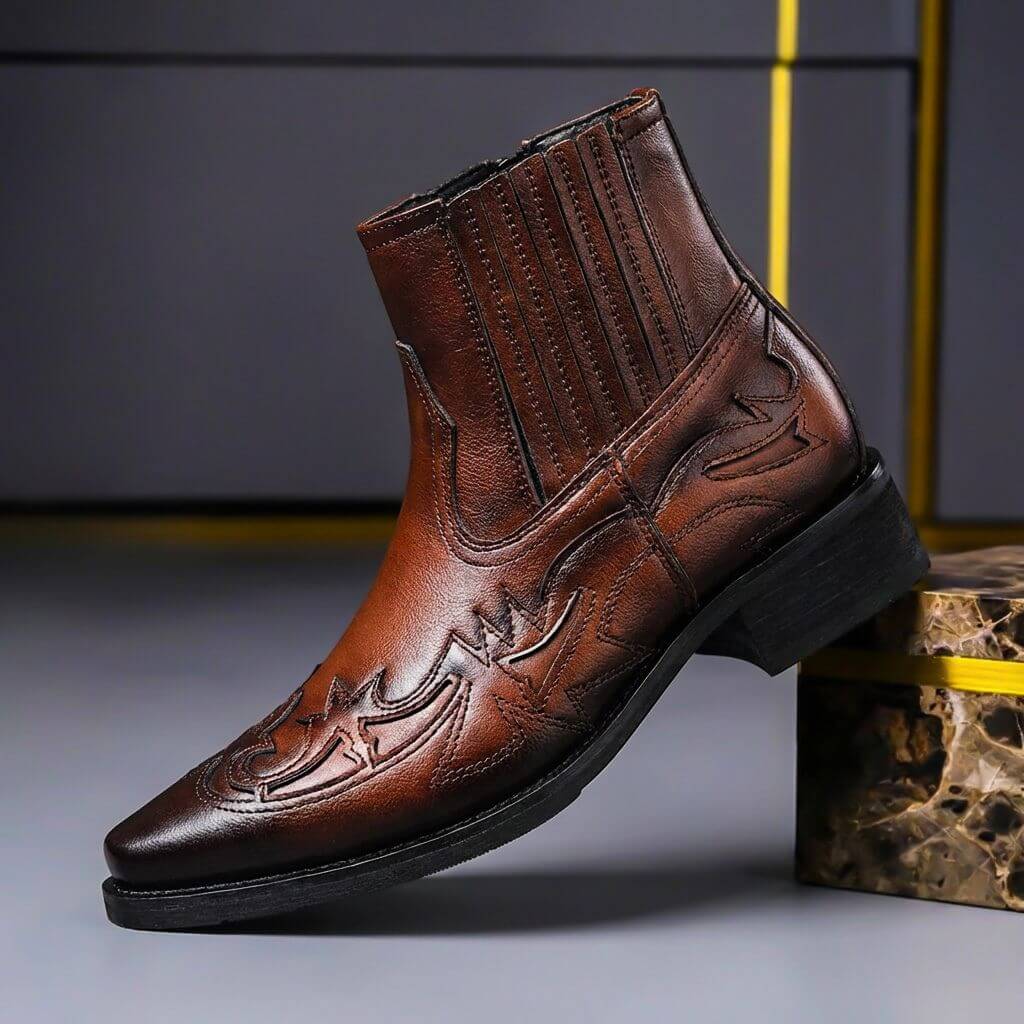 Cognacbraune Western Chelsea Boots für Herren mit spitzer Kappe, Seitenansicht