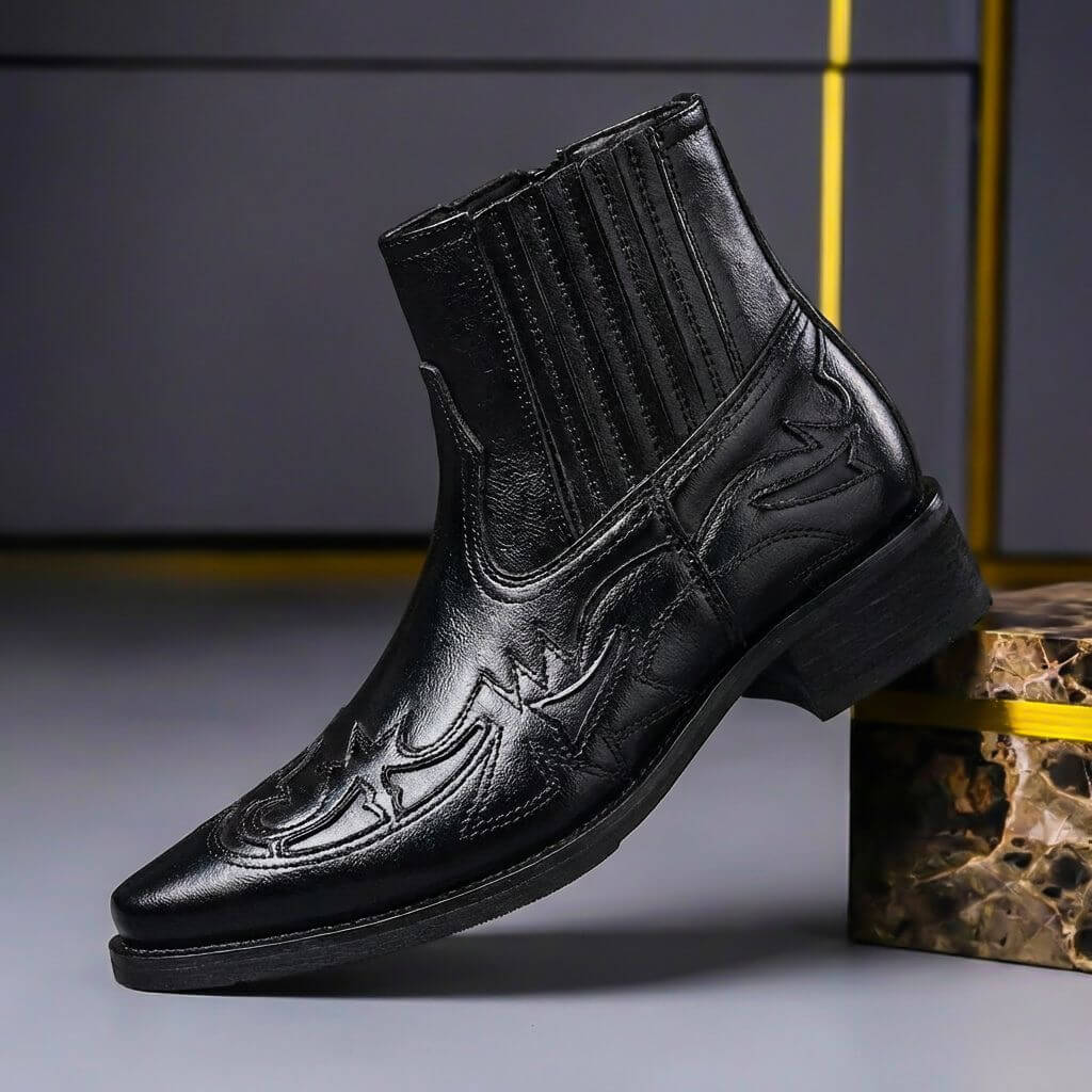 Schwarze Western Chelsea Boots für Herren mit geprägten Ziernähten, Seitenansicht