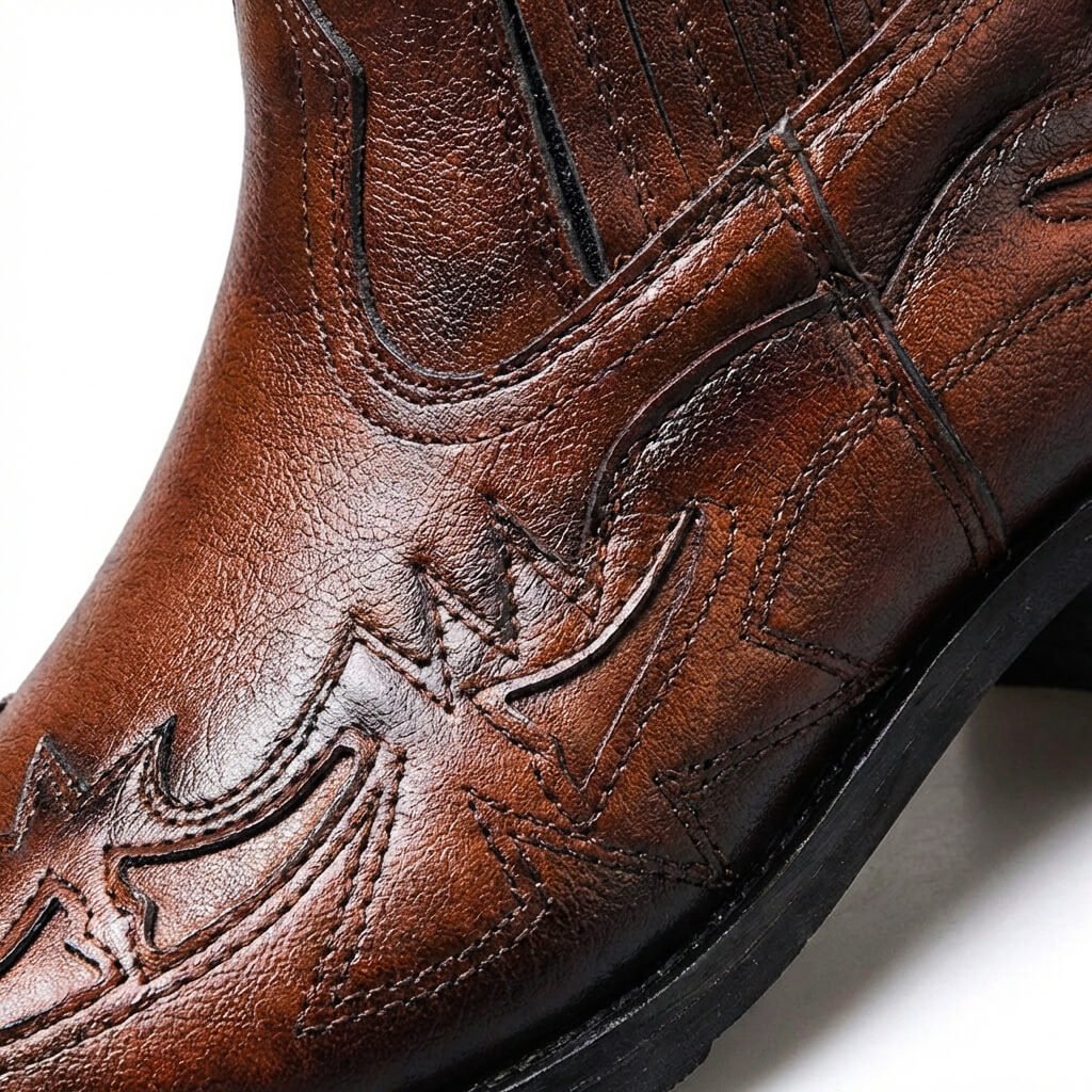 Geprägte Ziernähte am Schaft der cognacbraunen Western Chelsea Boots, Nahaufnahme