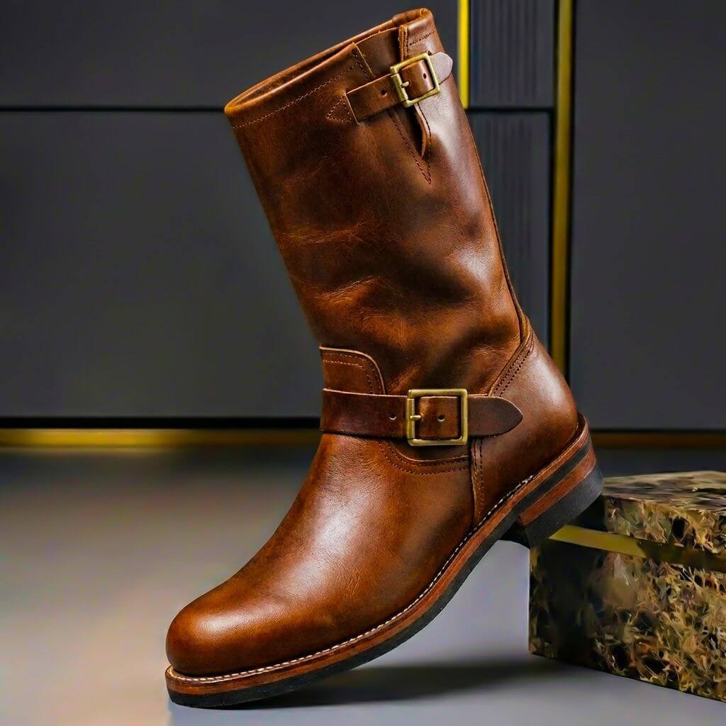 Cognacbraune Engineer Boots für Herren mit Schnallenriemen, Seitenansicht