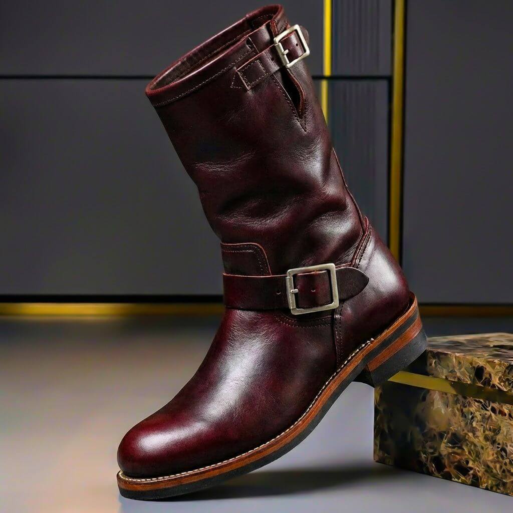Bordeauxrote Engineer Boots für Herren mit halbhohem Schaft