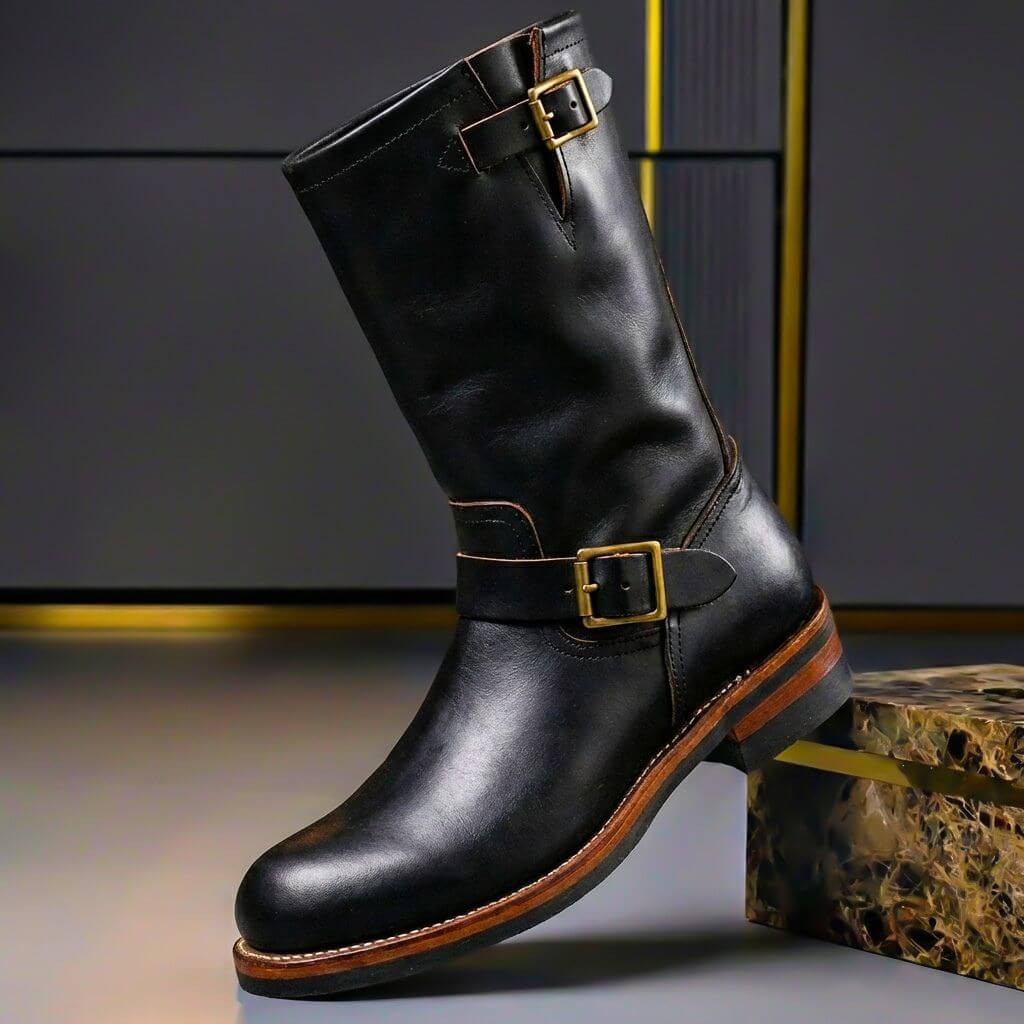 Schwarze Engineer Boots für Herren mit Schnallen und geschichtetem Absatz
