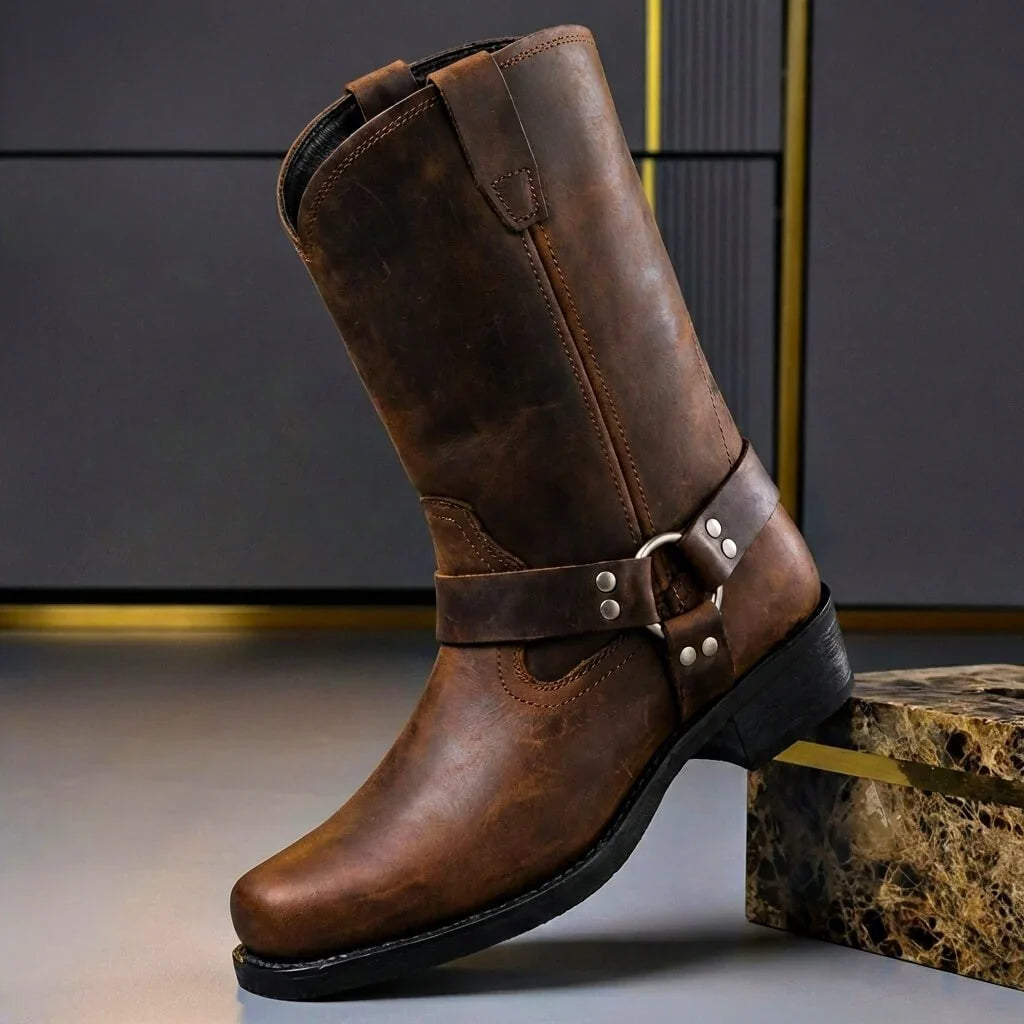 Cognacbraune Harness Boots für Herren mit Ringriemen und eckiger Kappe