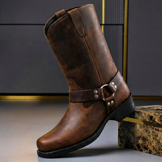 Cognacbraune Harness Boots für Herren mit Ringriemen und eckiger Kappe