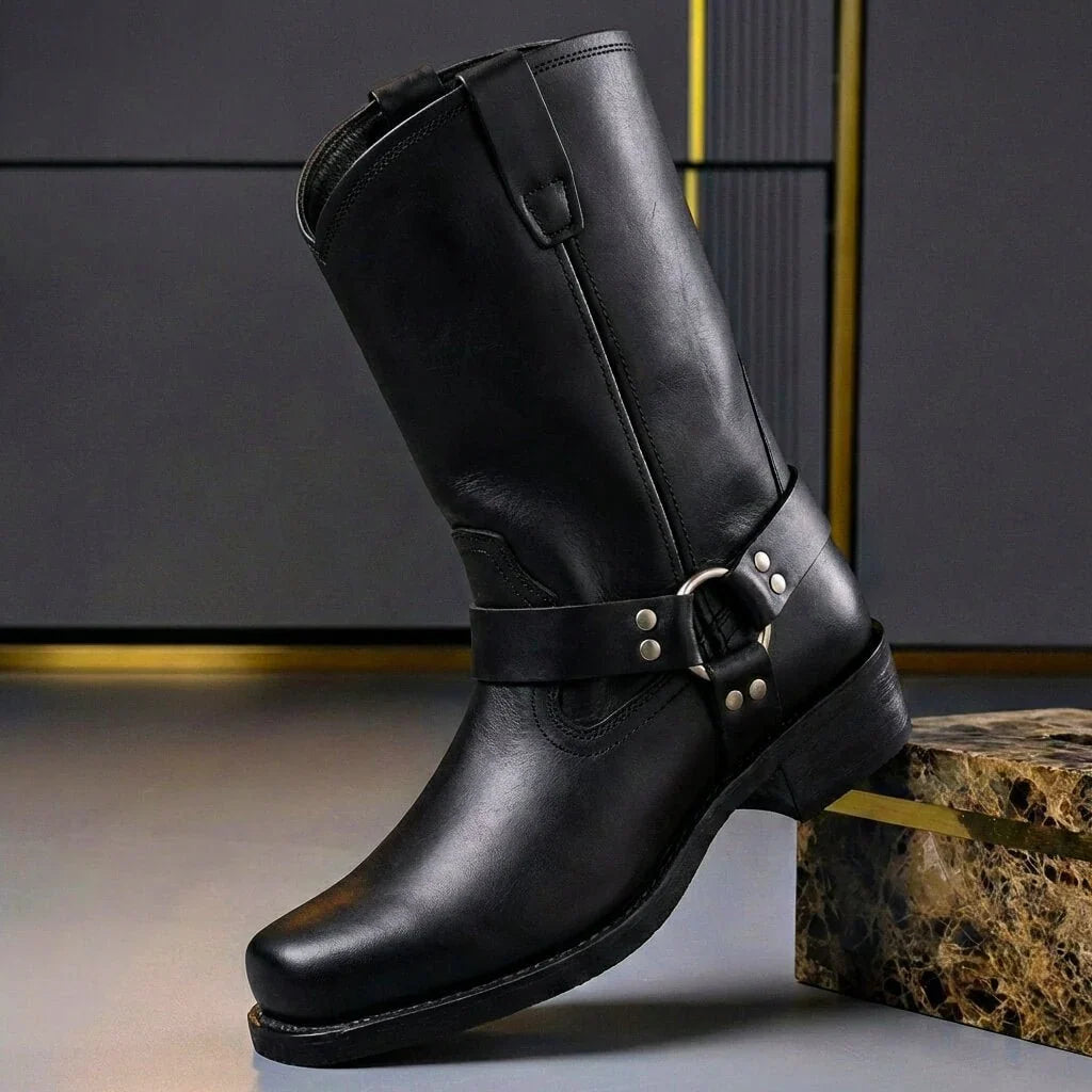 Schwarze Harness Boots für Herren mit Metallring und Blockabsatz