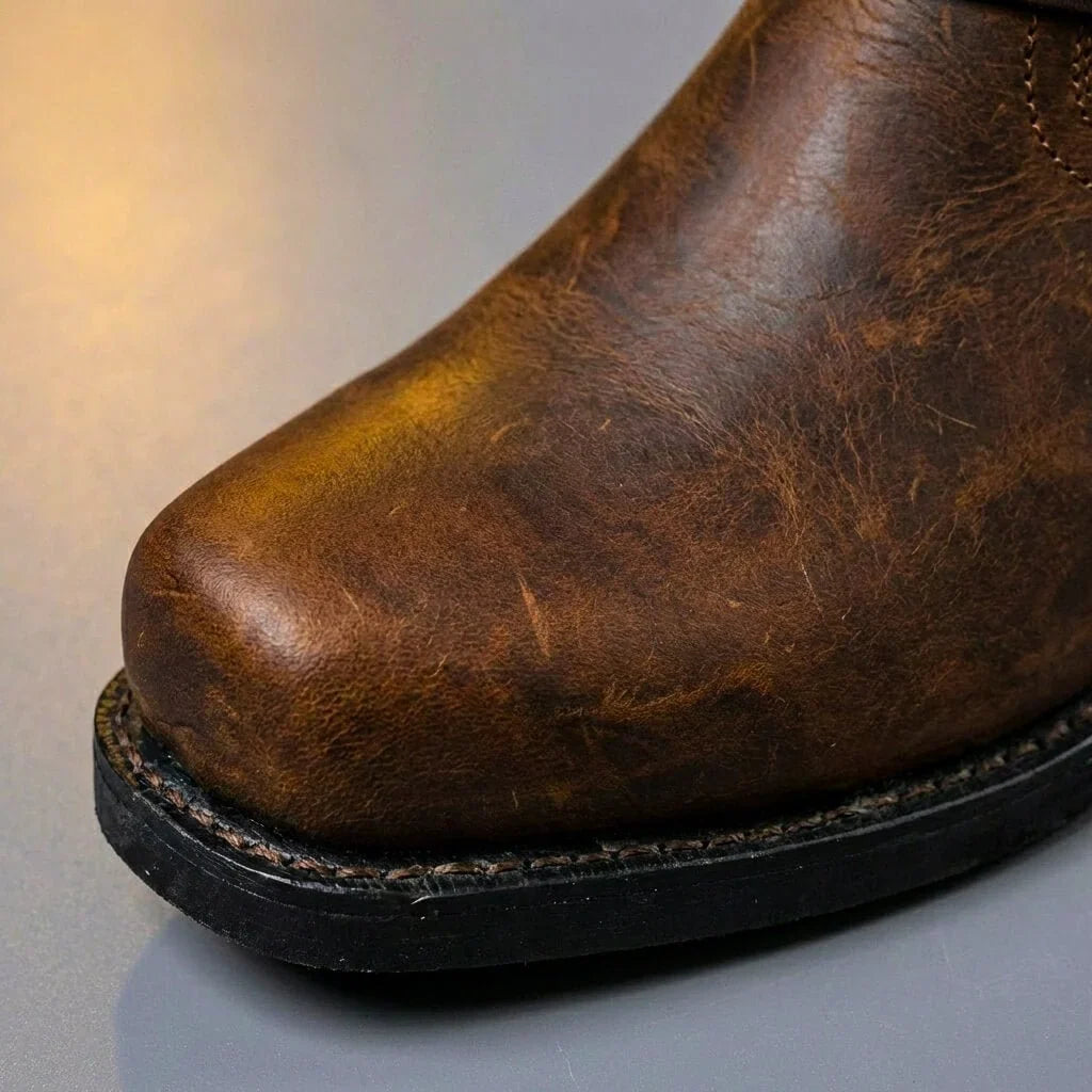 Eckige Kappe der braunen Harness Boots mit dicker Sohle, Nahaufnahme