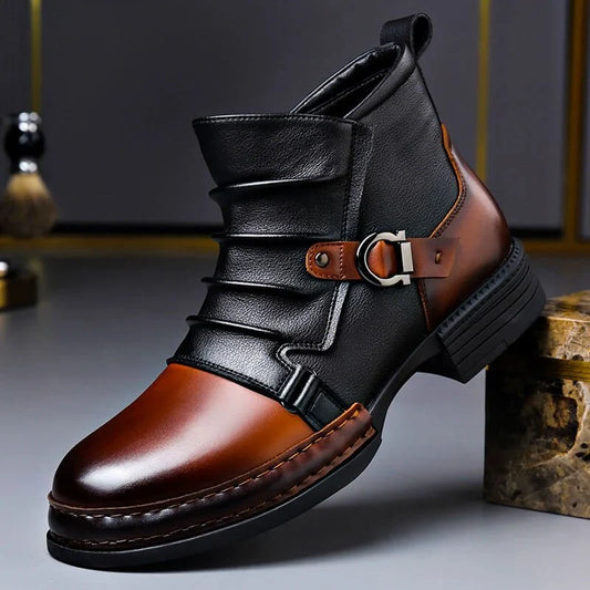 Cognacbraune zweifarbige Schnallen Stiefeletten mit schwarzem gerafftem Schaft