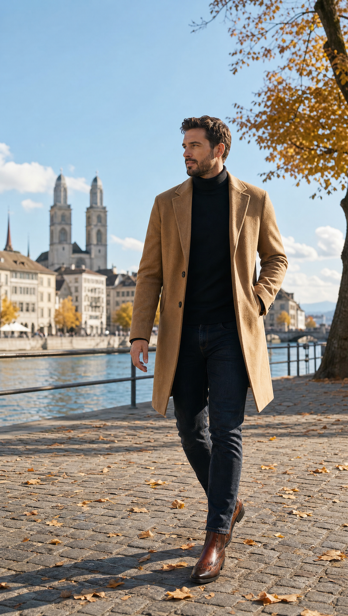 Cognacbraune Western Chelsea Boots am Limmatquai in Zürich im Herbst