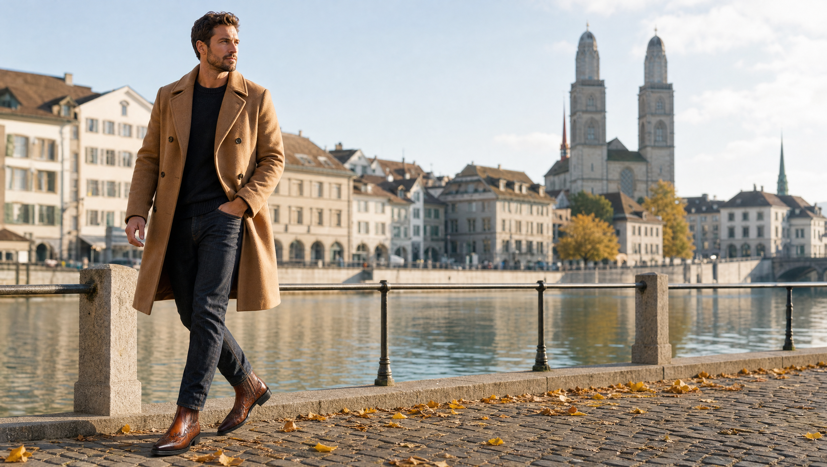 Cognacbraune Western Chelsea Boots am Limmatquai in Zürich mit Blick aufs Grossmünster