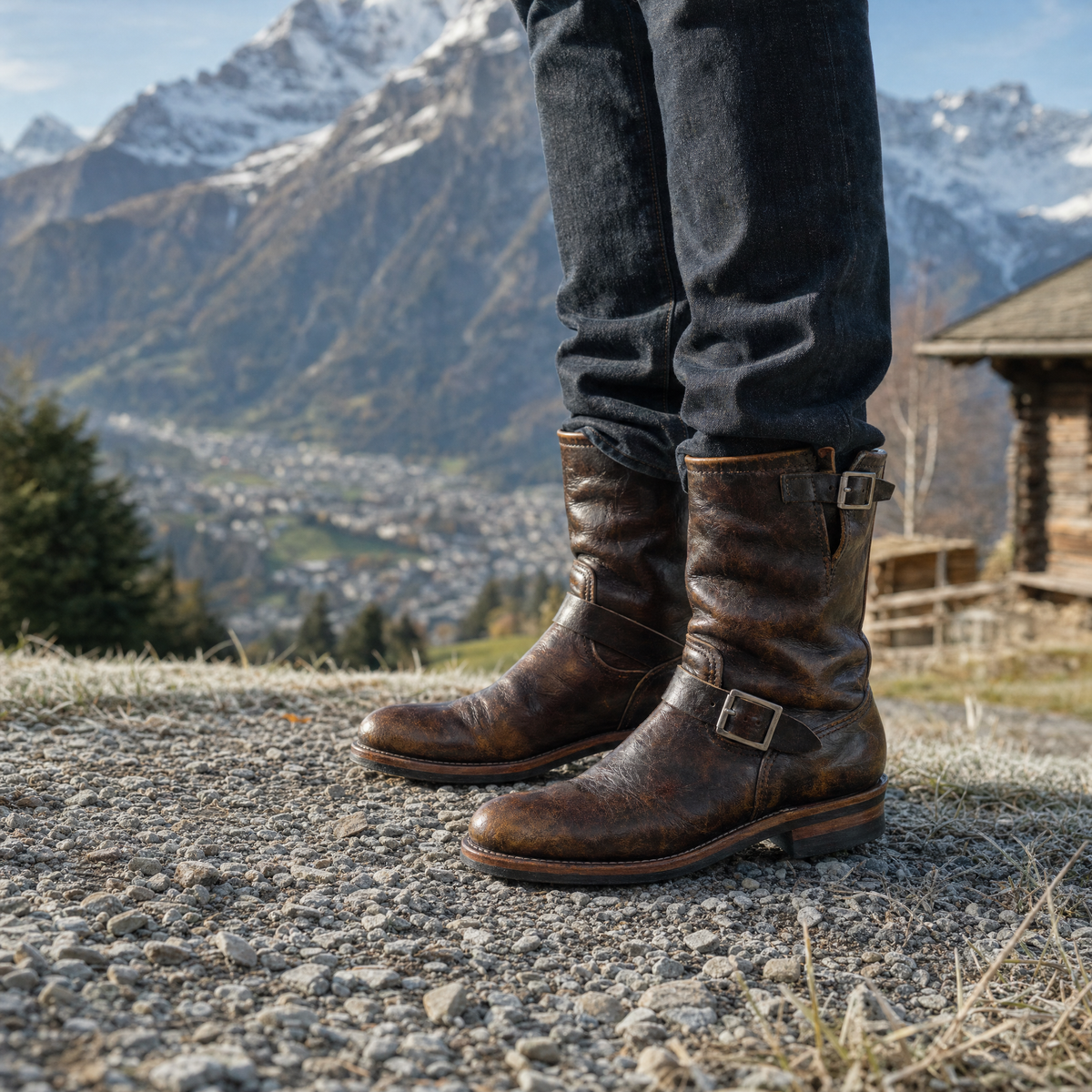 Vintagebraune Engineer Boots auf einem Bergweg bei Grindelwald im Herbst