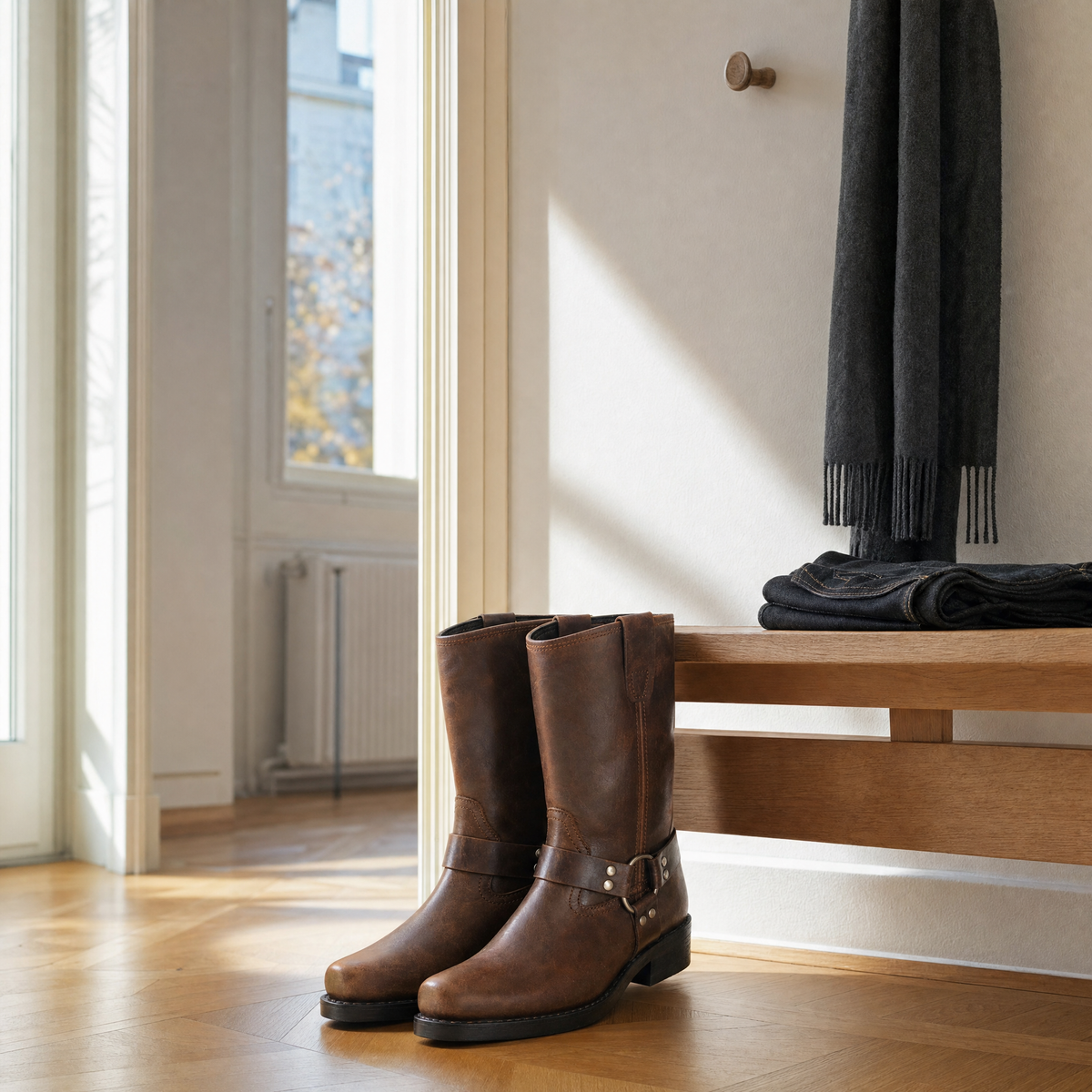 Cognacbraune Harness Boots im hellen Eingang einer Schweizer Altbauwohnung