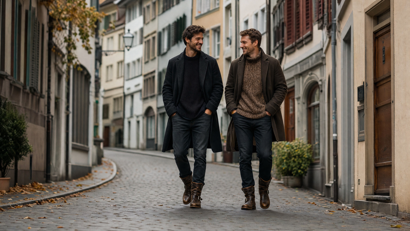 Zwei Männer in braunen Engineer Boots in der Zürcher Altstadt im Herbst