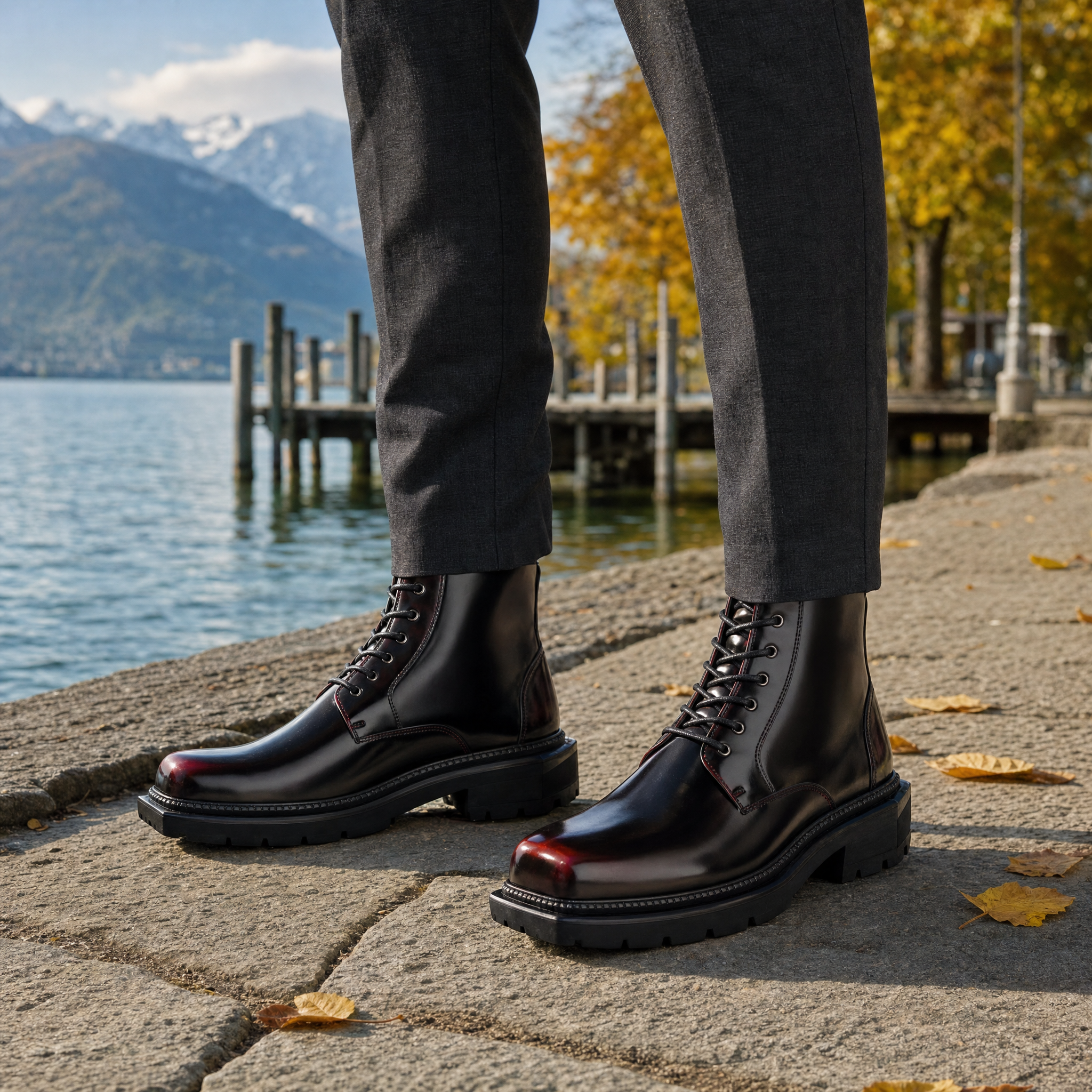 Glänzende schwarze Schnürboots mit Profilsohle an der Seepromenade in Luzern