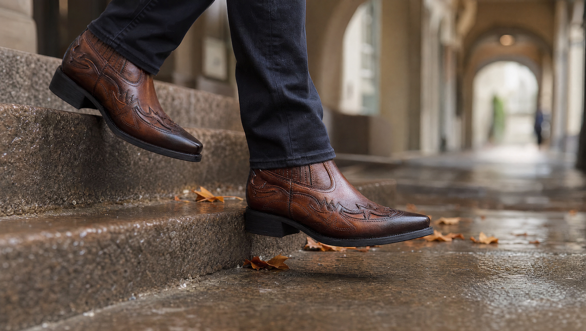Braune Western Chelsea Boots auf einer Steintreppe unter den Berner Lauben