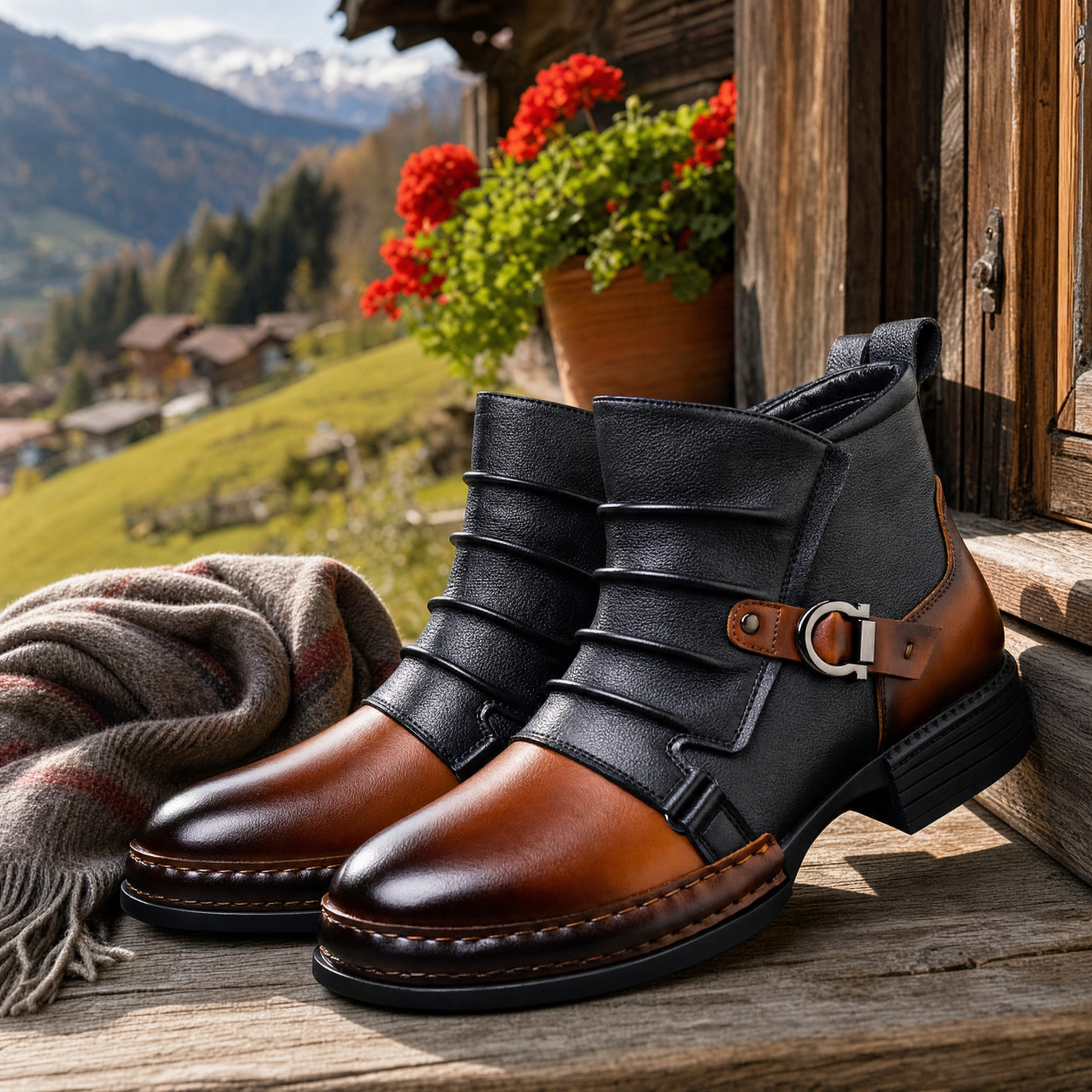 Zweifarbige Schnallen Boots in Schwarz und Cognac auf einer Chalet Veranda in den Alpen